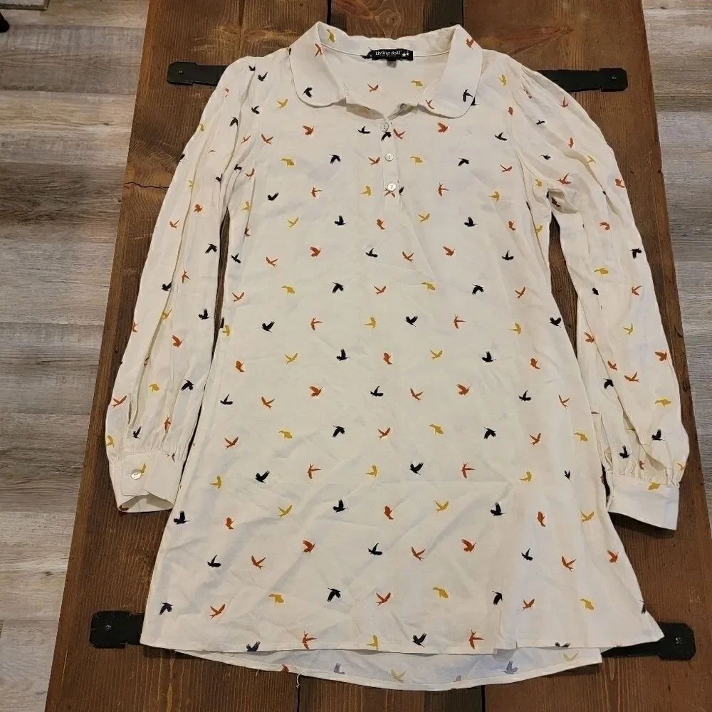 Living doll bird print tunic dress size small